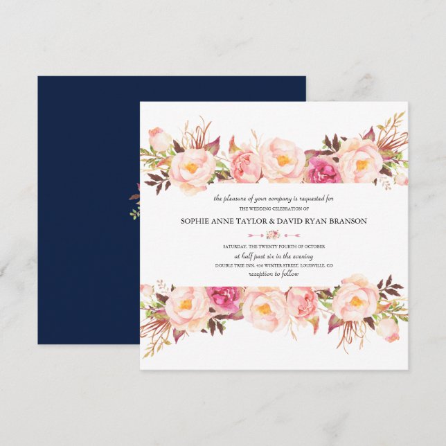 Rustic Pink Floral Frame Navy Blue Wedding Invitation (Front/Back)