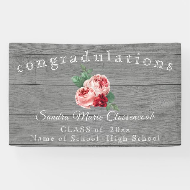 Rustic Pink Floral graduation Rustic Grey Wood Banner (Horizontal)