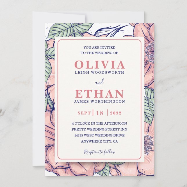 Rustic Pink Floral Hand Drawn Botanical Wedding  Invitation (Front)