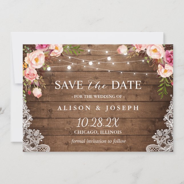 Rustic Pink Floral Lace String Light Save the Date (Front)