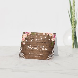 Rustic Pink Floral Lace String Lights Thank You