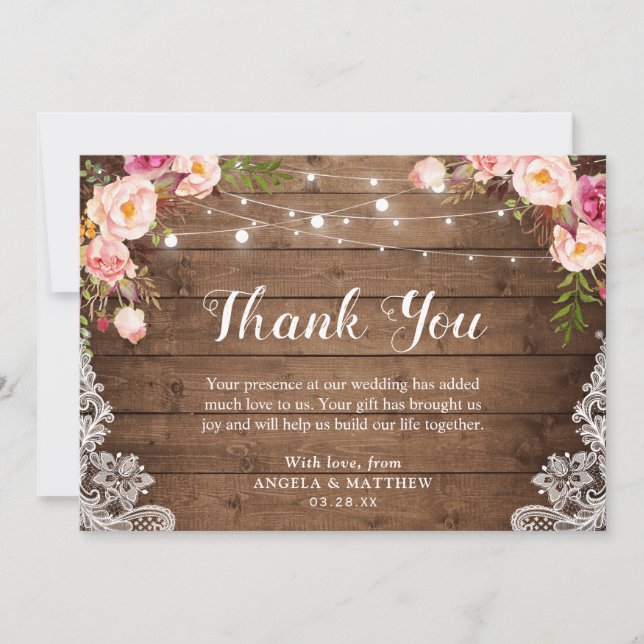 Rustic Pink Floral Lace String Lights Thank You (Front)
