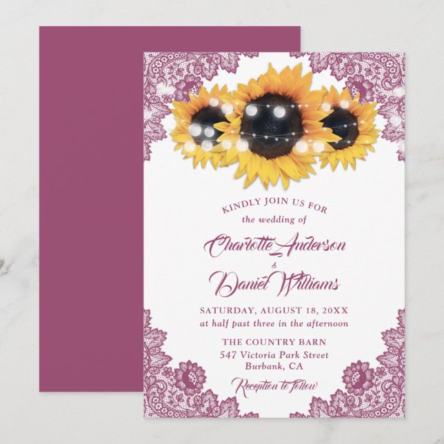 Rustic Pink Floral Lace Sunflower Wedding Invitation (Front/Back)