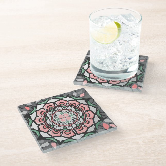 Rustic Pink Floral Mandala Glass Coaster (Angled)