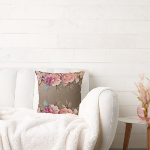 Rustic Pink Floral Neutral Colour Vintage Throw Pillow