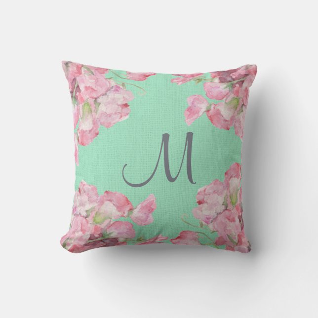 Rustic Pink Floral on Mint Green Burlap Monogram Throw Pillow (Front)