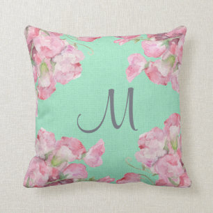 Rustic Pink Floral on Mint Green Burlap Monogram Throw Pillow