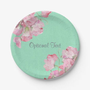 Rustic Pink Floral on Mint Green Burlap Paper Plate