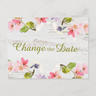 Rustic Pink Floral on White Wood Change the Date Postcard
