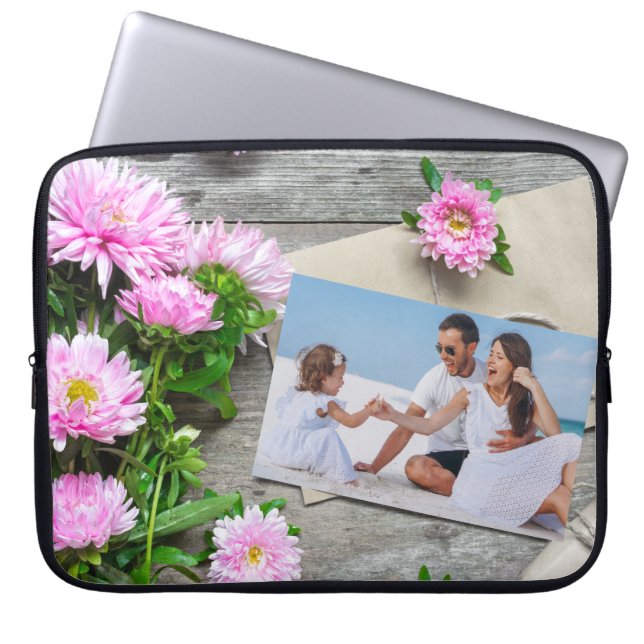 Rustic Pink Floral Personalized Photo Mother's Day Laptop Sleeve (Front)