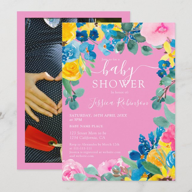 Rustic pink floral photo baby shower invitation (Front/Back)
