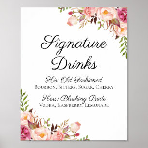 Rustic Pink Floral Signature Drinks Cocktail Sign