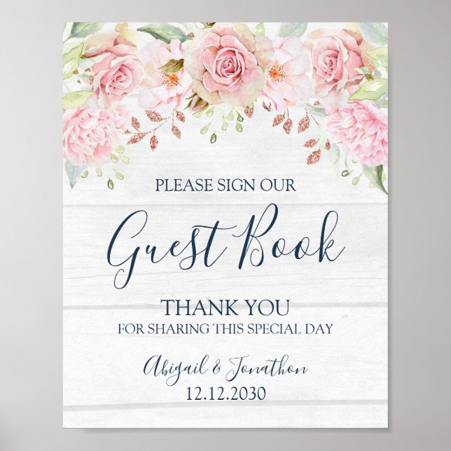 Rustic Pink Floral Spring Wedding Guest Book Sign (Front)