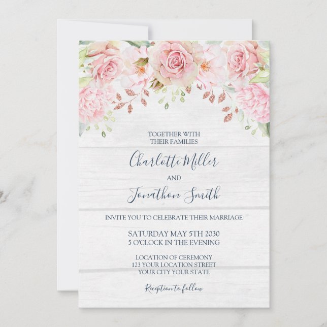 Rustic Pink Floral Spring Wedding Invitations (Devant)