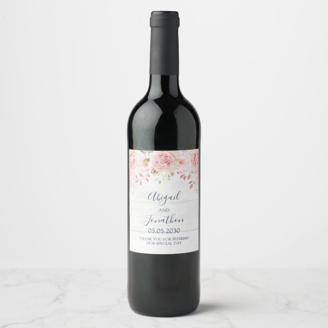 Rustic Pink Floral Spring Wedding Wine Label (Front)