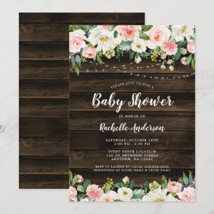 Rustic Pink Floral String Lights Girl Baby Shower Invitation