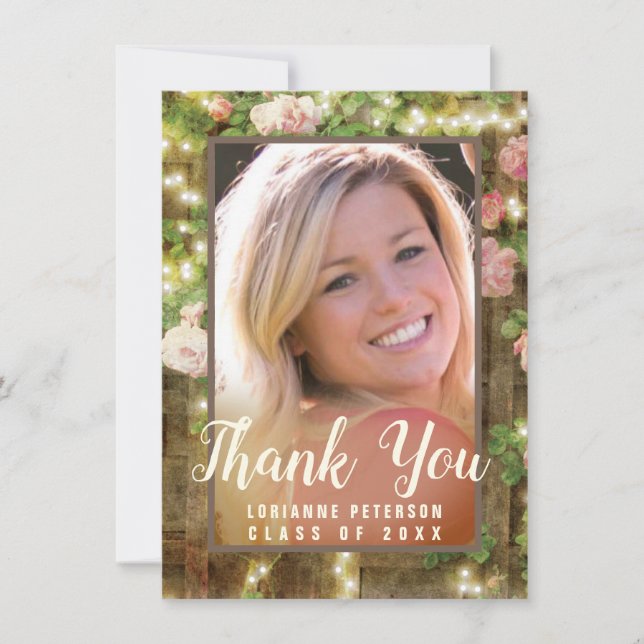 Rustic Pink Floral String Lights Photo Graduation Thank You Card (Front)