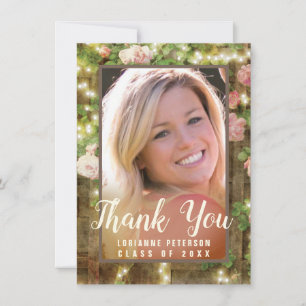 Rustic Pink Floral String Lights Photo Graduation Thank You Card