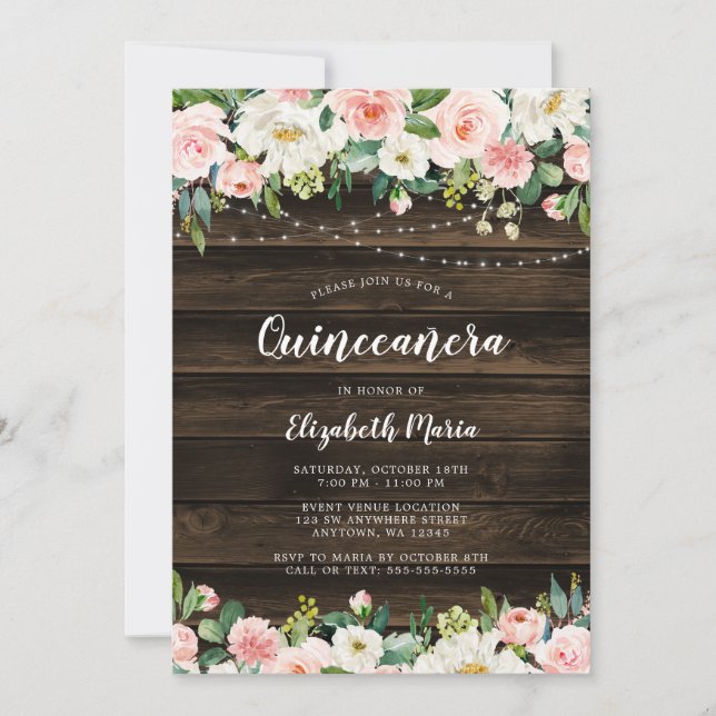 Rustic Pink Floral String Lights Quinceanera Invitation (Front)