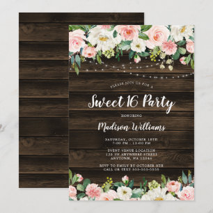 Rustic Pink Floral String Lights Sweet 16 Invitation