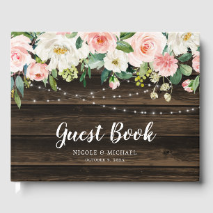 Rustic Pink Floral String Lights Wedding Guest Book