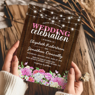 Rustic Pink Floral String Lights Wedding Invitation