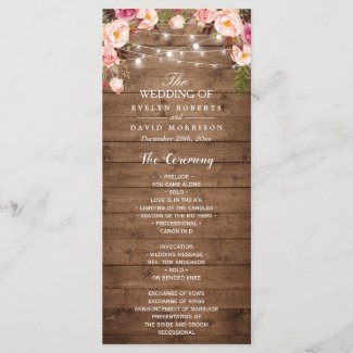 Rustic Pink Floral String Lights Wedding Program