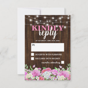 Rustic Pink Floral String Lights Wedding RSVP Card