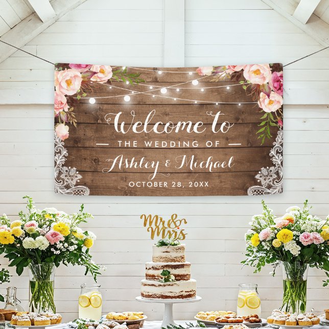 Rustic Pink Floral String Lights Welcome Wedding Banner (Creator Uploaded)