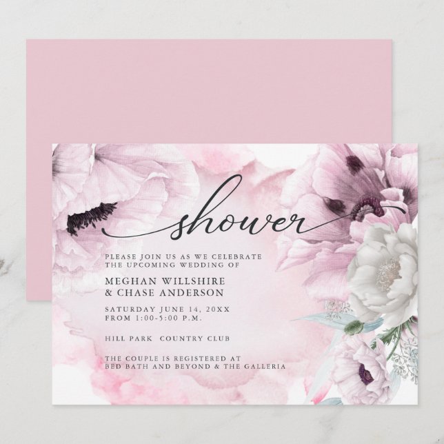 Rustic Pink Floral Watercolor Poppies Invitation (Front/Back)