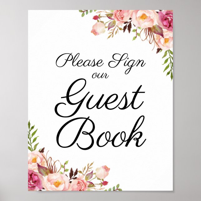 Rustic Pink Floral Wedding Guest Book Sign (Front)