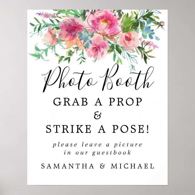 Rustic Pink Floral Wedding Photo Booth Sign (Front)
