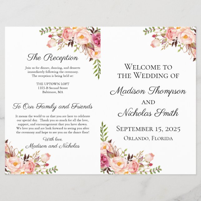 Rustic Pink Floral Wedding Programs (Front)