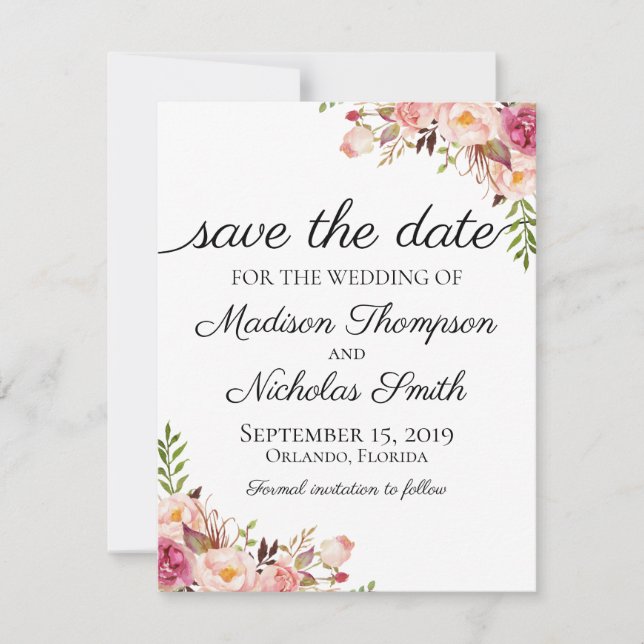 Rustic Pink Floral Wedding Save The Date Card (Front)