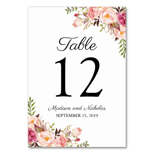 Rustic Pink Floral Wedding Table Number Cards (Front)