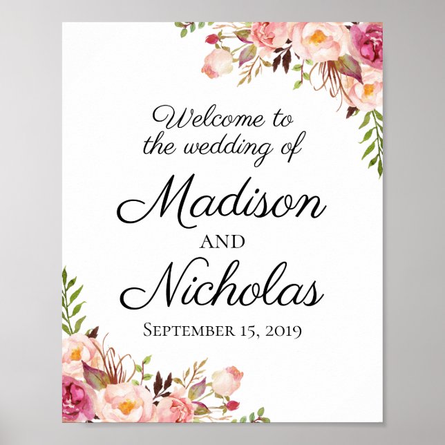 Rustic Pink Floral Wedding Welcome Sign Poster (Front)