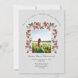 Rustic Pink Floral White Wood Bridal Shower Invita Invitation