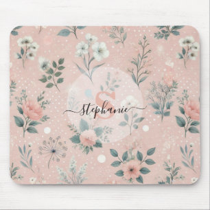 Rustic Pink Floral with White Blooms and Greenery Mouse Pad