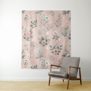 Rustic Pink Floral with White Blooms and Greenery Tapestry