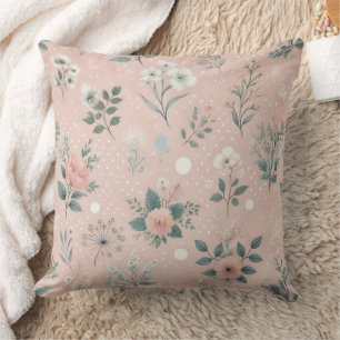 Rustic Pink Floral with White Blooms and Greenery Throw Pillow