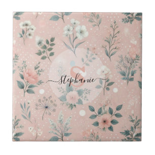 Rustic Pink Floral with White Blooms and Greenery Tile