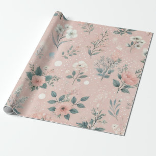 Rustic Pink Floral with White Blooms and Greenery Wrapping Paper