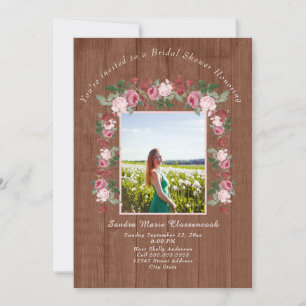 Rustic Pink Floral Wood Wedding Bridal Shower  Inv Invitation