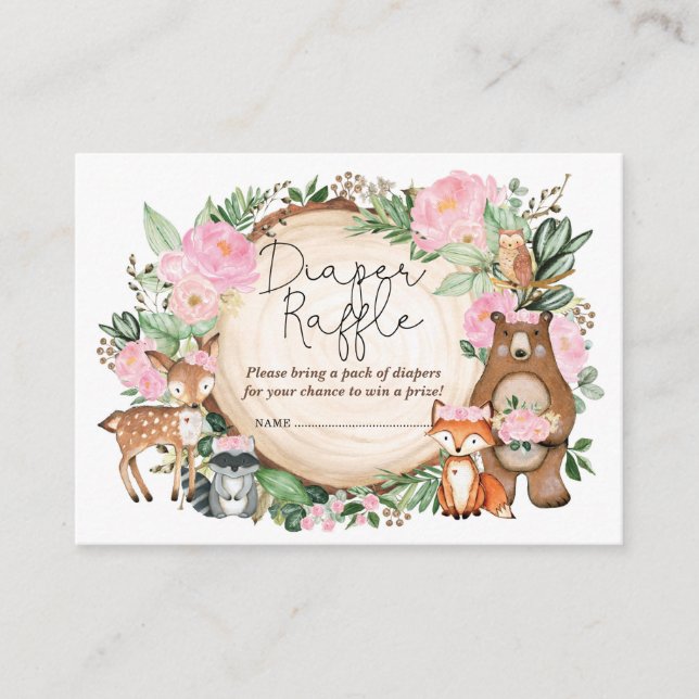 Rustic Pink Floral Woodland Animals Diaper Raffle Enclosure Card (Front)