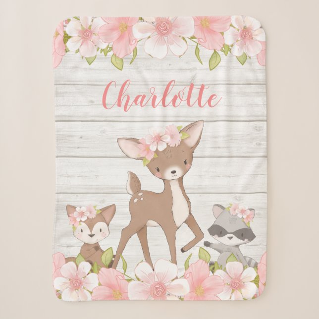 Rustic Pink Floral Woodland Animals Personalized Sherpa Blanket (Front)