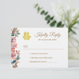 Rustic pink floral wreath Chinese wedding RSVP Card