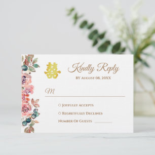 Rustic pink floral wreath Chinese wedding RSVP Card