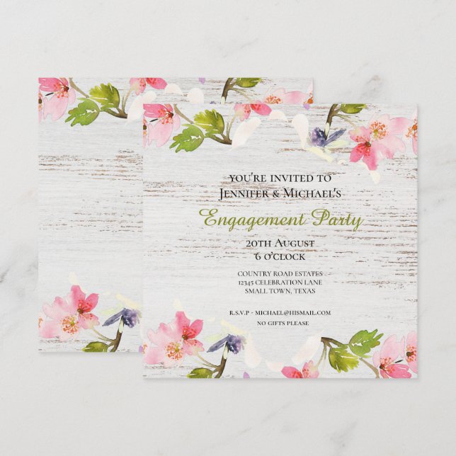 Rustic Pink Florals on White Engagement Invitation (Front/Back)