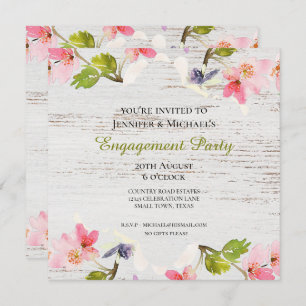Rustic Pink Florals on White Engagement Invitation