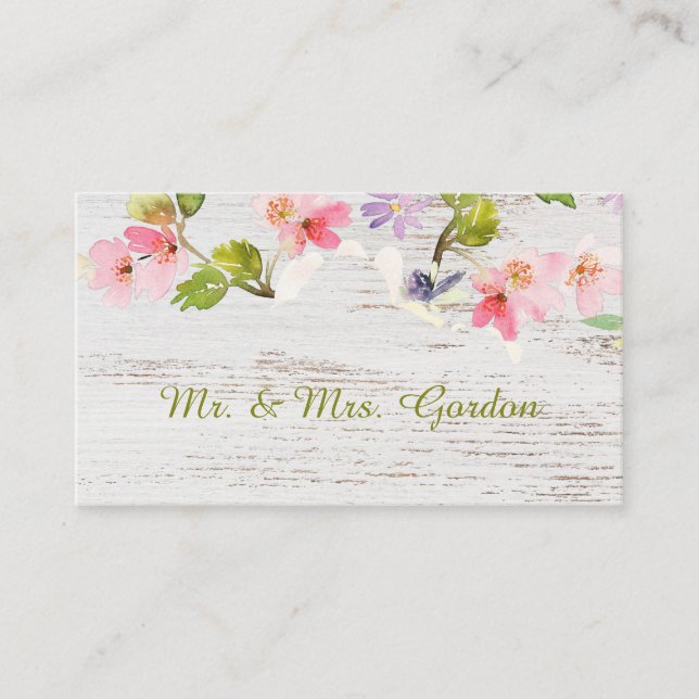 Rustic Pink Florals on White Wood Place Card (Front)